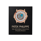 Libro de tapa negra con reloj de oro rosa y texto PATEK PHILIPPE
