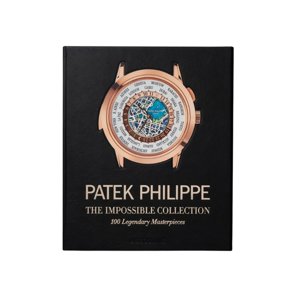 Libro de tapa negra con reloj de oro rosa y texto PATEK PHILIPPE