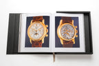 Libro abierto con fotos de relojes y carátulas en páginas ilustradas