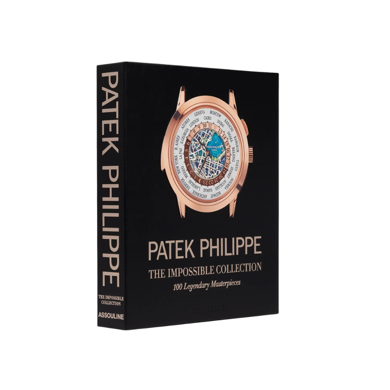 Caja de libro negra con reloj de oro rosa y texto PATEK PHILIPPE