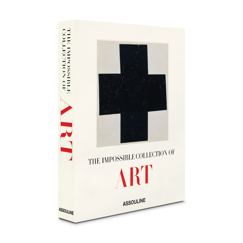 Libro de arte de tapa crema con cruz negra, vista lateral, logotipo Assouline