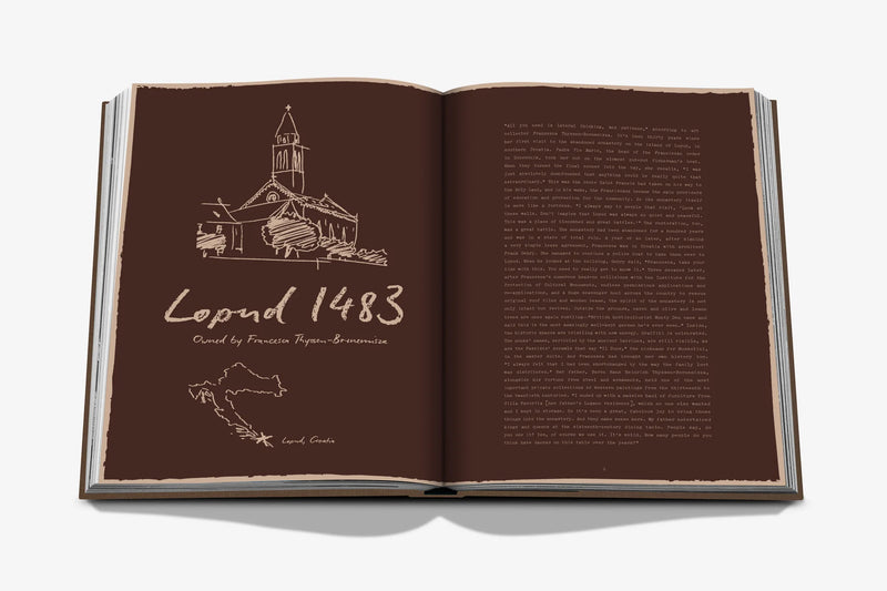 Libro abierto con páginas marrones y dibujos lineales, texto y mapas.