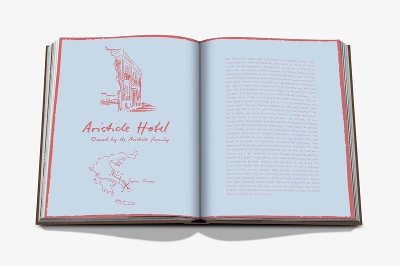 Libro abierto con página azul clara, dibujo de edificio y bloque de texto.
