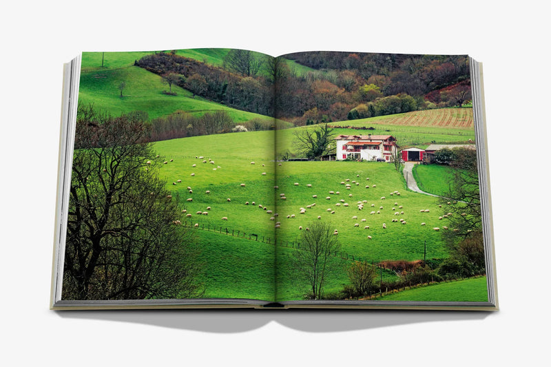 Libro Biarritz Vasca abierto; paisaje verde con ovejas y casa junto al camino.