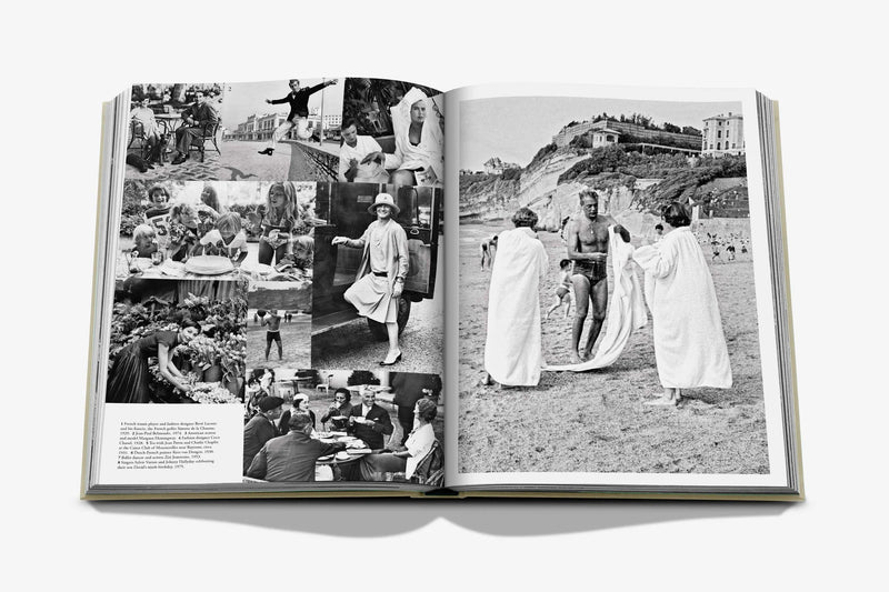 Libro Biarritz Vasca abierto; collage en blanco y negro y foto de costa con gente.