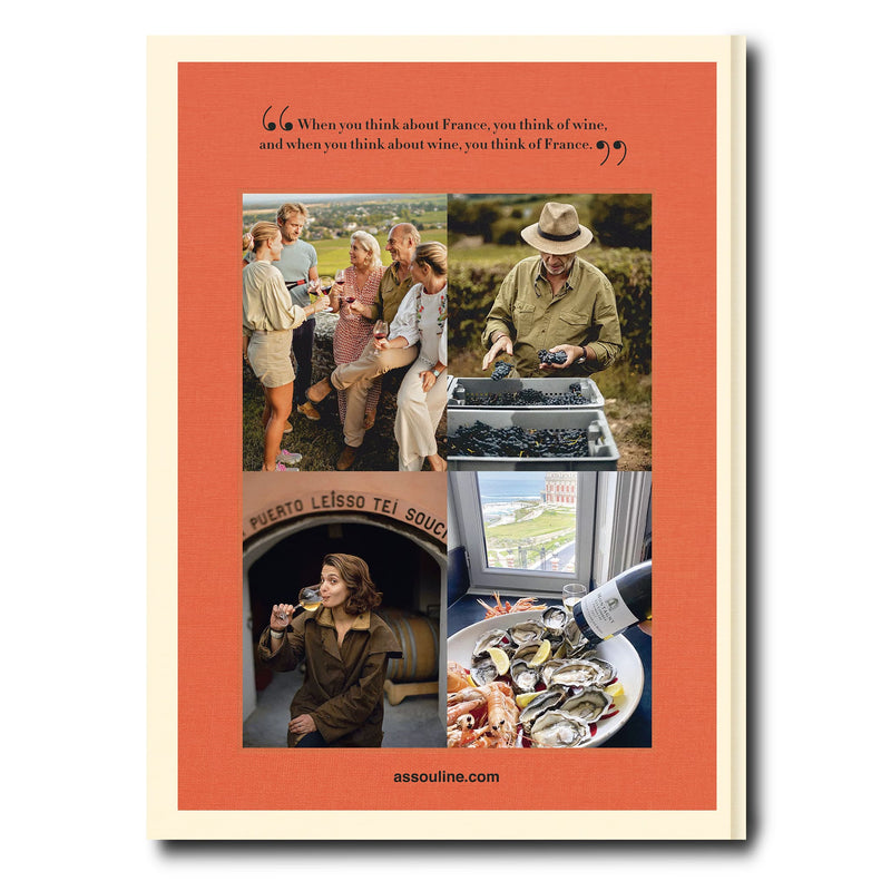 Libro de viajes y vino, portada con collage de personas y mesa con mariscos