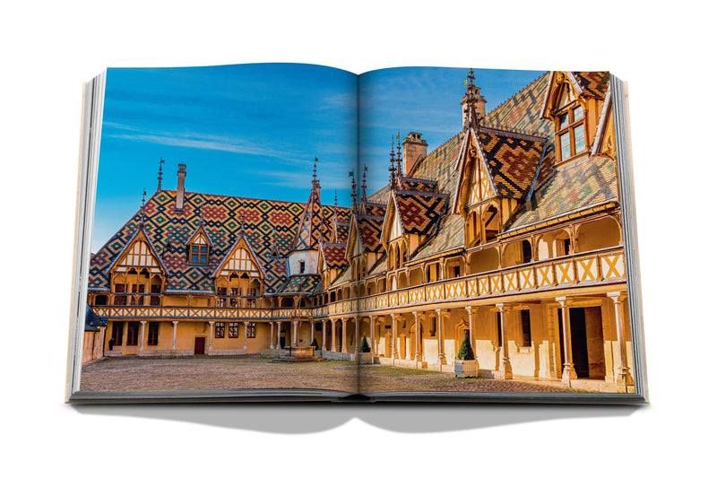 Libro de vino y viajes Francia abierto, patio con edificios de tejados de colores