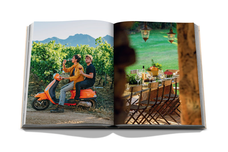 Libro de vino y viajes Francia abierto, scooter junto a viñedos y mesa de picnic