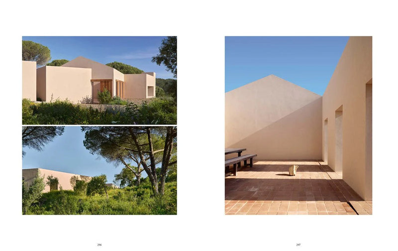 Vivienda mediterránea con muros blancos, jardín y terraza de tejas con bancos
