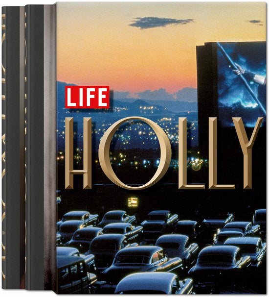 Portada de libro Life Hollywood con coches nocturnos y letras LIFE y HOLLY