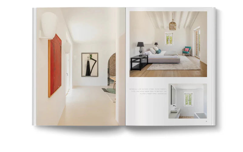 Libro Mallorca Living abierto con fotos interiores: pasillo y dormitorio con cama