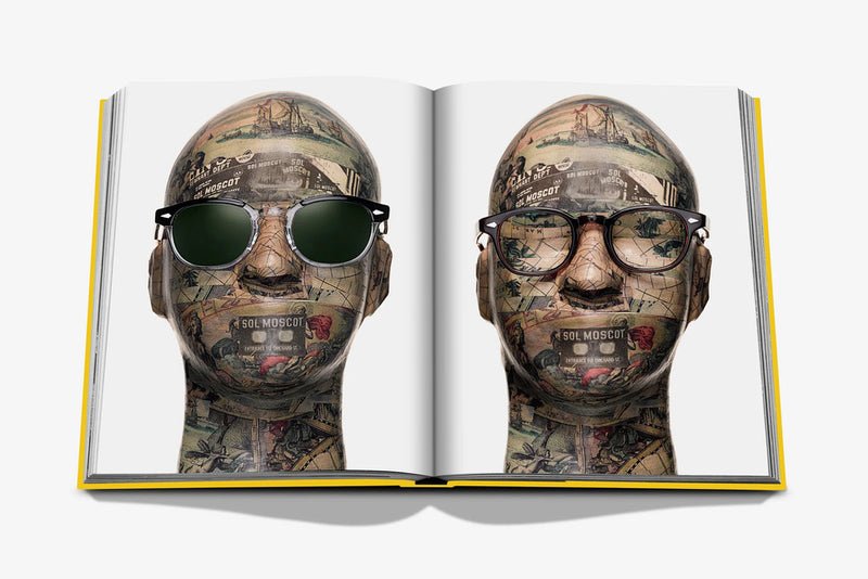Libro abierto con retrato con gafas y casco; páginas con patrón y lentes
