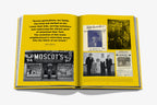 Libro abierto con páginas amarillas y fotos históricas; bloques de texto