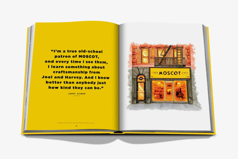 Libro abierto con cita en amarillo y dibujo de tienda iluminada con letrero MOSCOT
