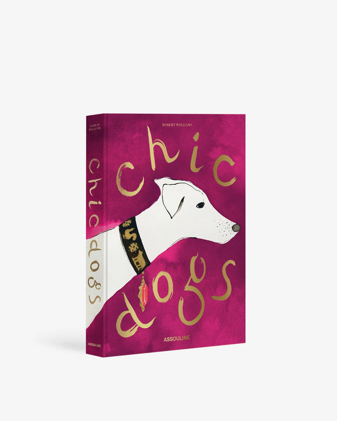 Chic Dogs book cover with Dalmatian face and gold lettering on purple background