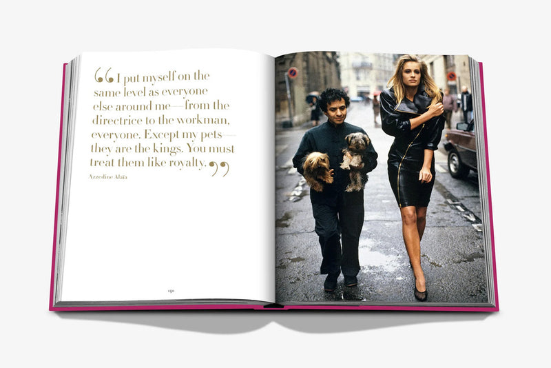 Open Chic Dogs spread with quote text left and woman walking two dogs on right