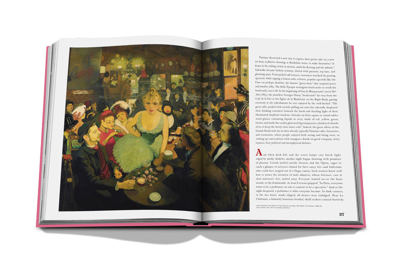 Libro abierto con ilustración de escena parisina y texto en las páginas.