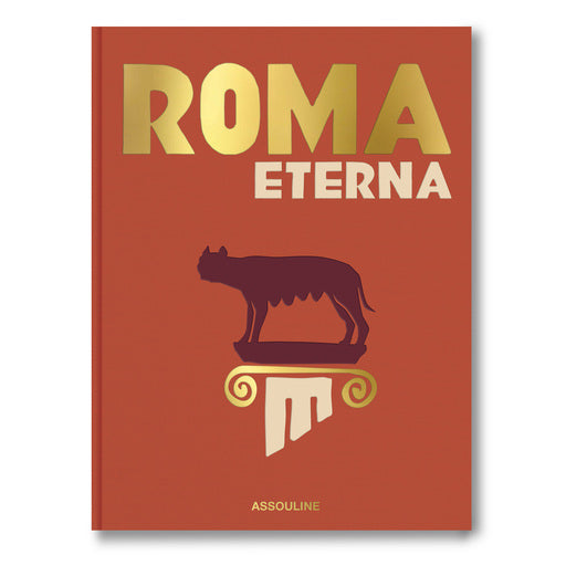 Libro Roma Eterna de tapa roja, gato y título ROMA ETERNA; ASSOULINE abajo