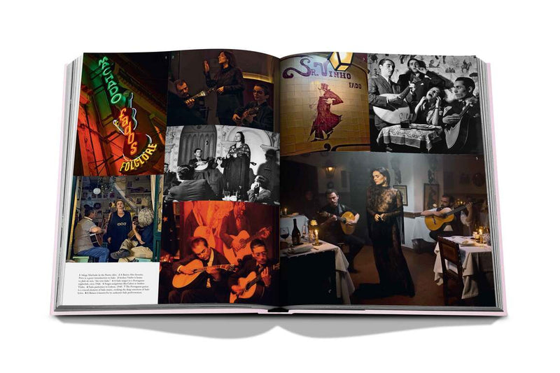 Libro abierto con collage de escenas musicales y retratos en blanco y negro.