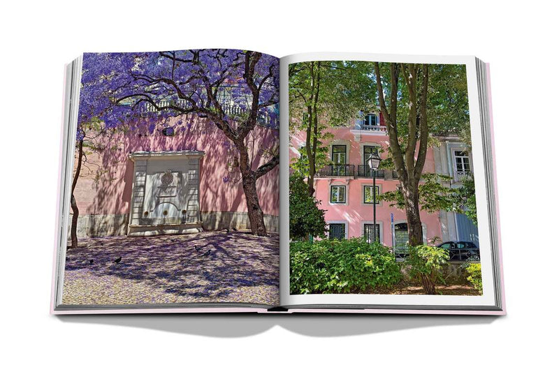 Libro abierto: fachadas exteriores; pared de piedra con árboles y edificio rosa entre verde.