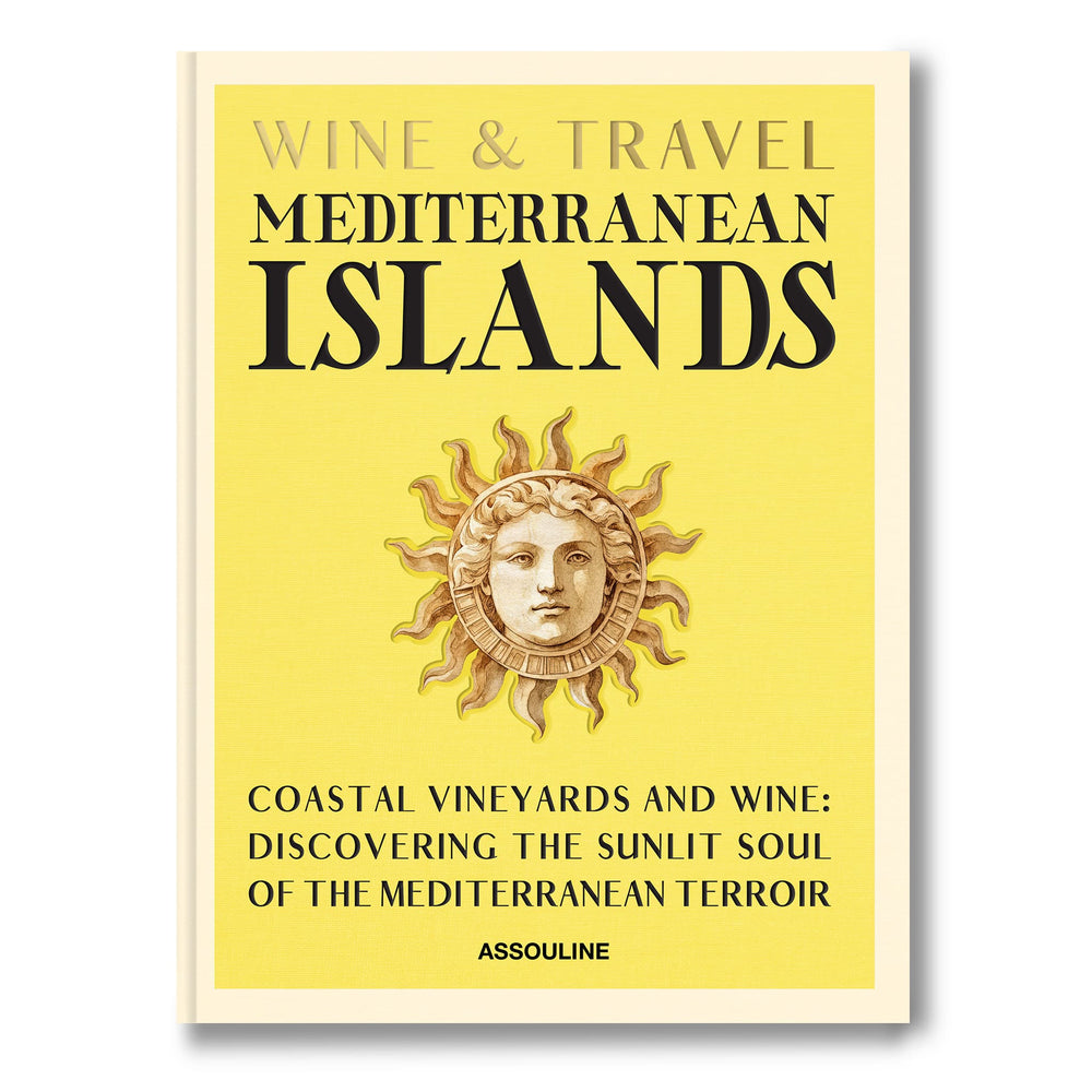 Libro Wine & Travel Mediterranean Islands, portada amarilla con sol dorado
