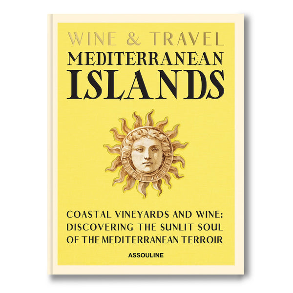 Libro Wine & Travel Mediterranean Islands, portada amarilla con sol dorado