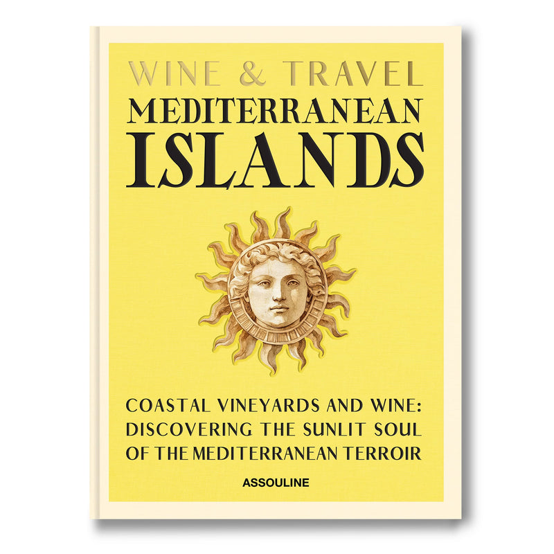 Libro Wine & Travel Mediterranean Islands, portada amarilla con sol dorado