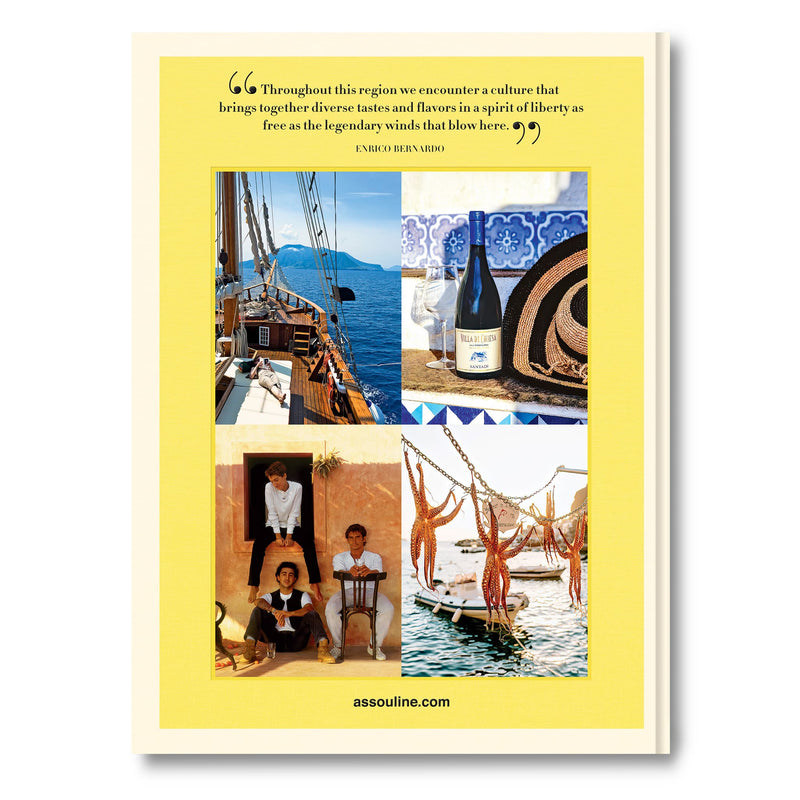 Libro de viajes culinarios: islas mediterráneas, con foto de vino y paisaje en portada