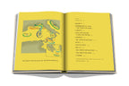Libro abierto con mapa e ilustraciones de regiones mediterráneas en páginas amarillas