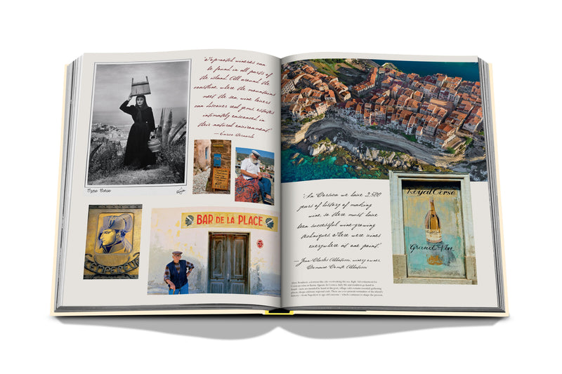 Libro abierto con fotos históricas y carteles, más ilustración de bar en página izquierda