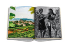 Libro abierto con paisaje de viñedos y foto en blanco y negro de dos personas