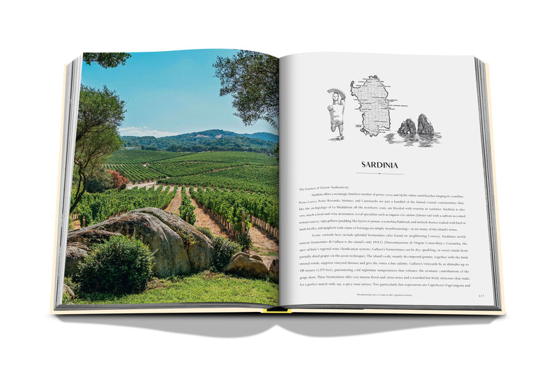 Libro abierto con viñedos en laderas y sección titulada SARDINIA