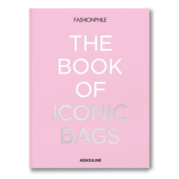 Libro Fashionphile de bolsos icónicos, portada rosa con texto THE BOOK OF ICONIC BAGS