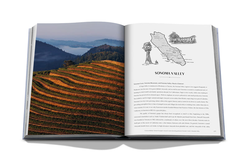 Libro abierto, viñedo en ladera y mapa de Sonoma Valley