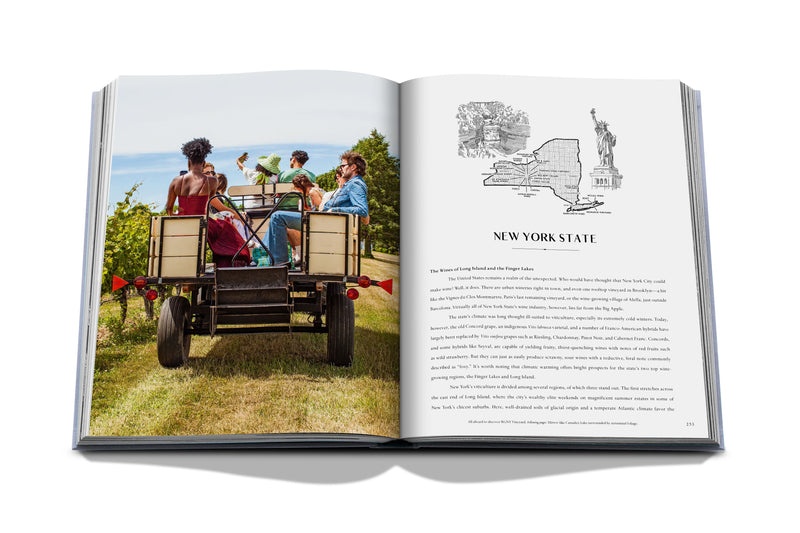 Libro abierto: foto de viajeros en carro y mapa de Nueva York a la derecha