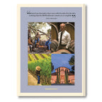 Libro con página completa: cita entre comillas y collage de fotos de viñedos y edificios