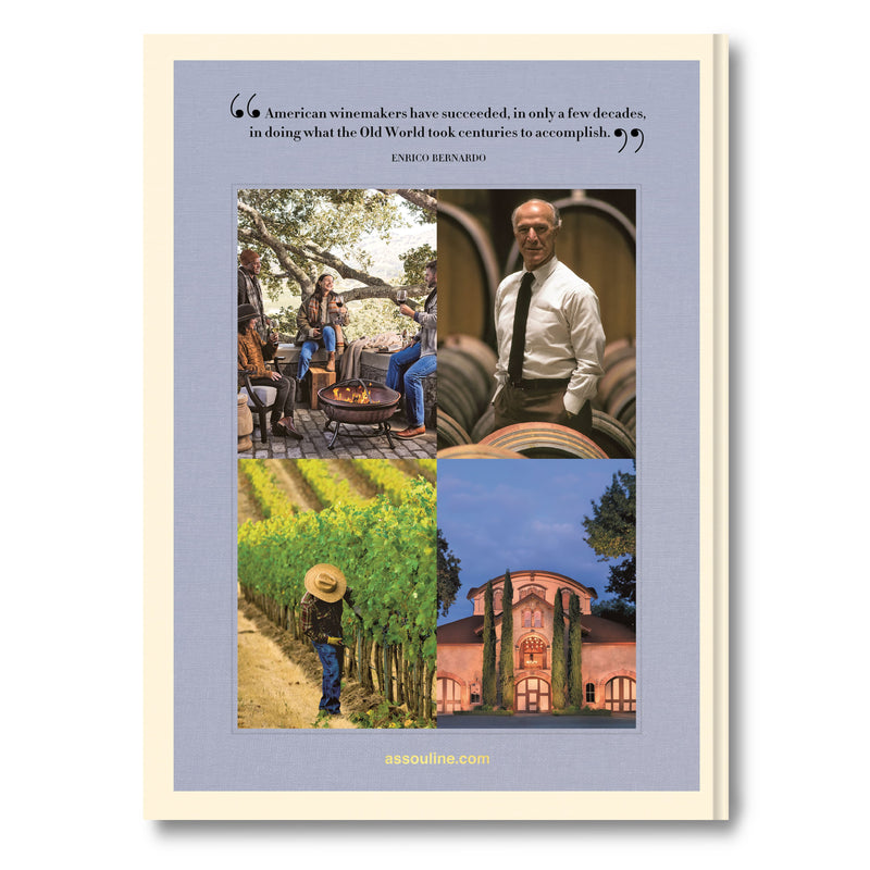 Libro con página completa: cita entre comillas y collage de fotos de viñedos y edificios