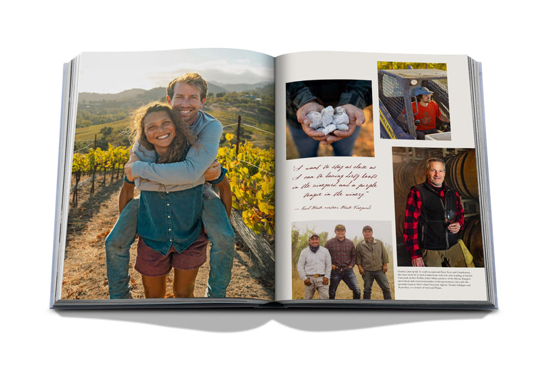 Libro abierto, foto de pareja en viñedo y recuadros de personas