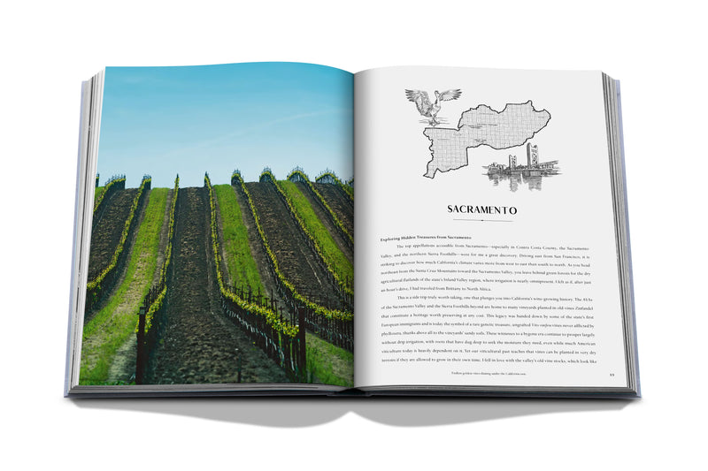 Libro abierto, hileras de viñedos y mapa de Sacramento