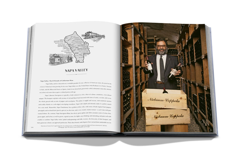 Libro abierto, mapa Napa Valley e interior con hombre junto a cajas