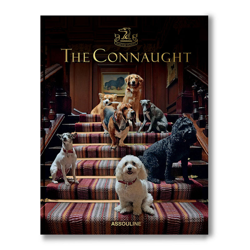 Libro The Connaught de Assouline con perros en escalera y portada oscura