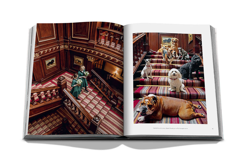 Libro The Connaught de Assouline abierto con interior de salón y foto de perros