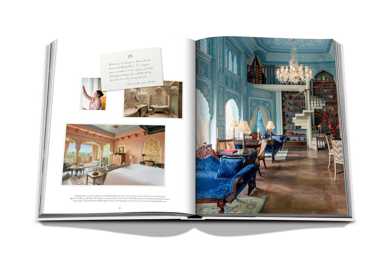 Libro Raffles abierto: collage de interiores y sala azul con muebles