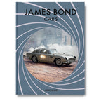 Libro de coches James Bond con portada azul y coche clásico bajo arcos blancos