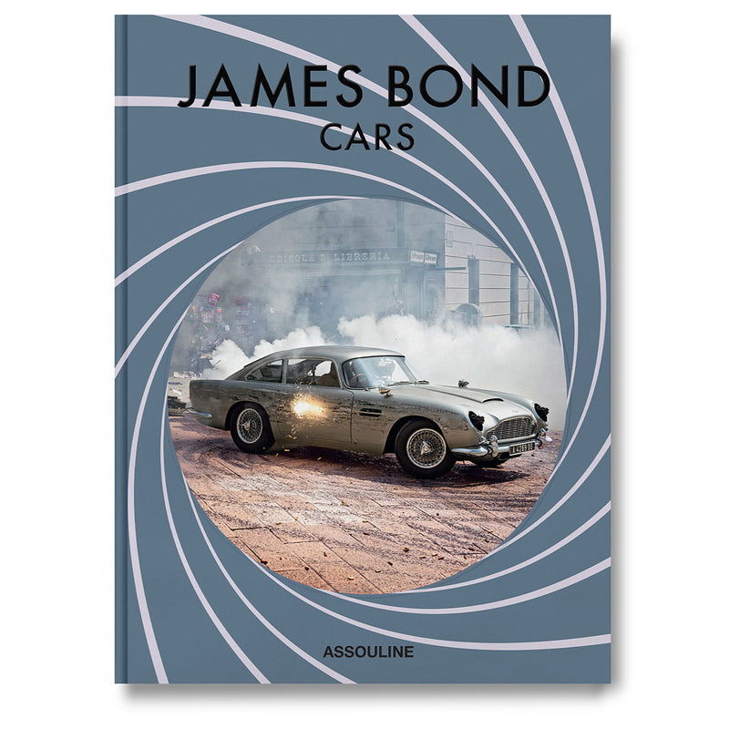 Libro de coches James Bond con portada azul y coche clásico bajo arcos blancos