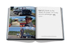 Libro abierto con fotos de coche negro y hombre; texto y cita en página derecha