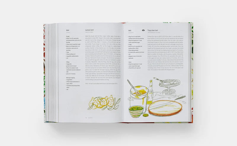 Libro de cocina abierto con páginas blancas y dibujos lineales de utensilios