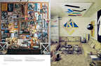 Página de revista con collage de fotos en pared y sala con sofá claro.