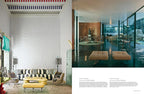 Página doble de revista con sala luminosa y sillones de diseño; vista interior dividida.