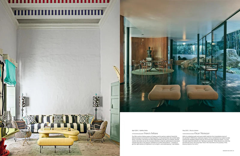 Página doble de revista con sala luminosa y sillones de diseño; vista interior dividida.